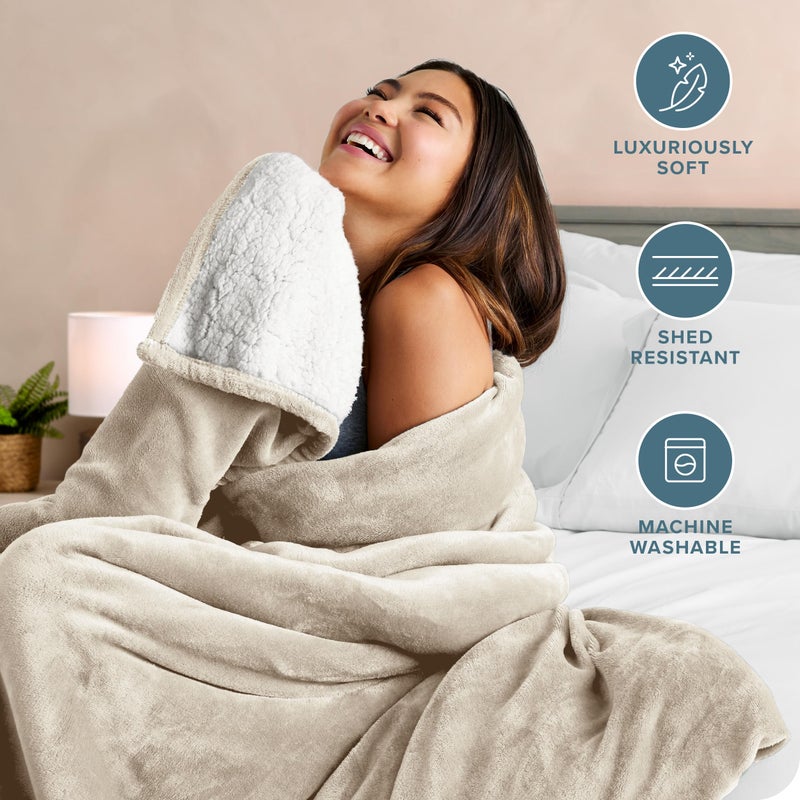 Bare Home Sherpa Fleece Blanket - King Size - Blanket for Bed, Sofa, and Couch - Warm & Lightweight - Fluffy & Soft - Reversible (King, Oyster) - Image 2
